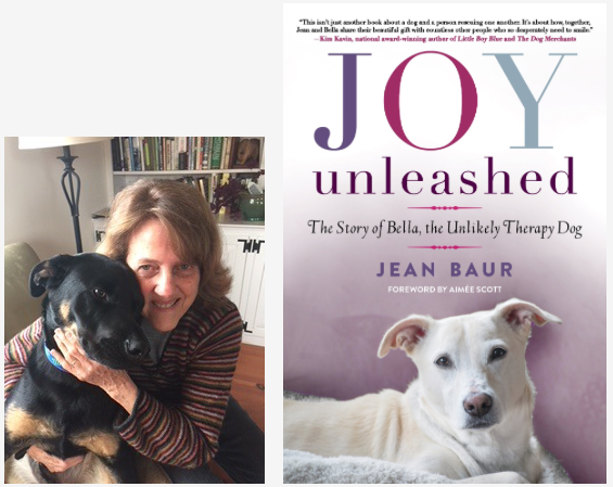 Jean Bauer with her dog Rudy, and her book "Joy Unleashed"